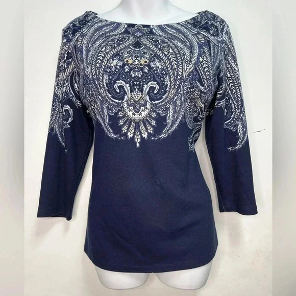 Karen Scott Women's Lile Paisley Boat-Neck Top Navy - Picture 3 of 5